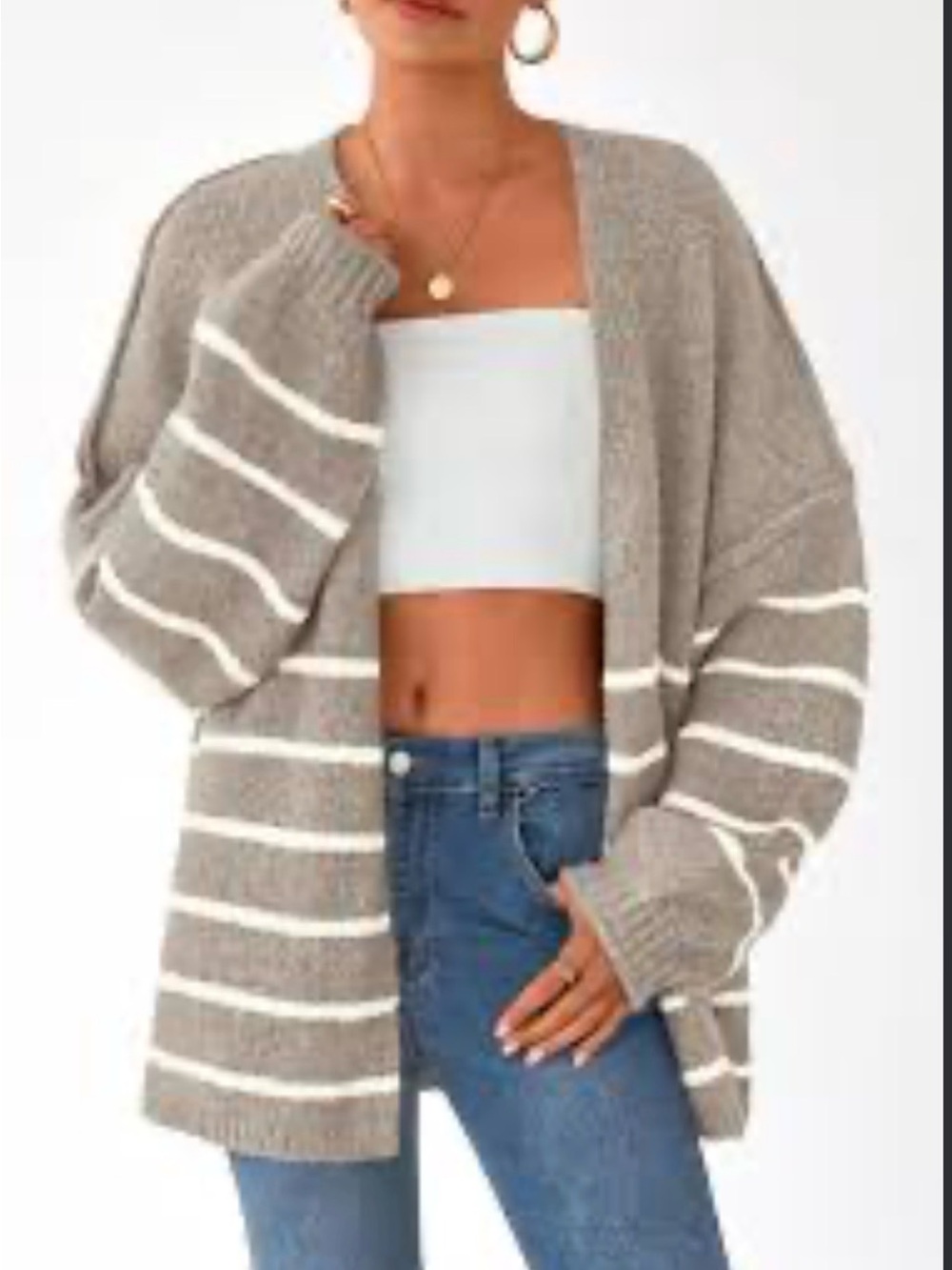 Pretty Garden Slouchy Knit Oversized Stripped Open Face Cardigan Lantern Sleeve
